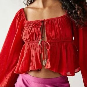 Free People Red Blouse with Tie Front size small